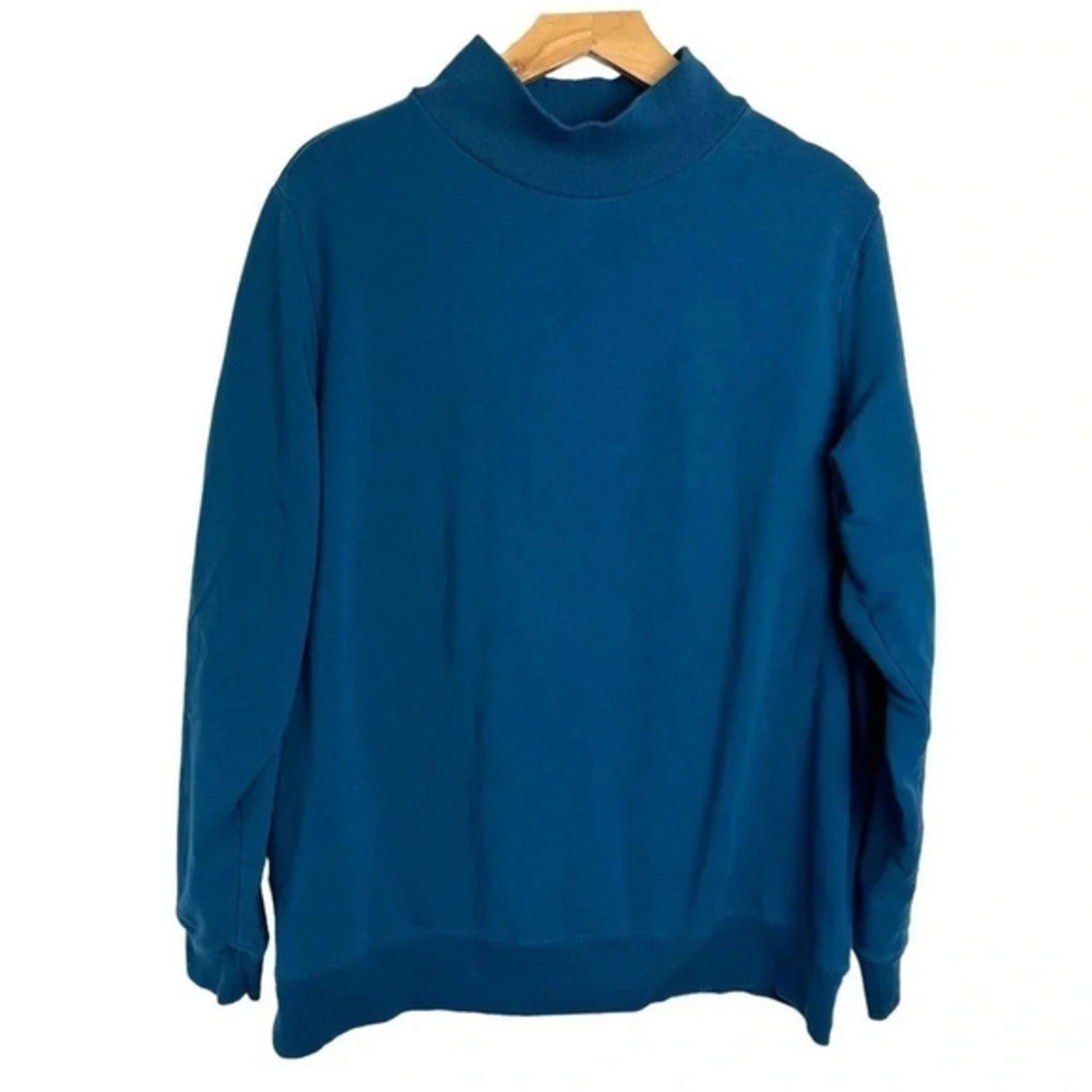 Lands' End Sweatshirt 1X Teal Blue Mock Neck Long Sleeve Cotton Blend Pullover